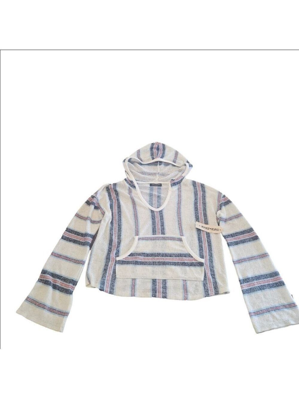 Women's Inspired Hearts NWT Cropped Striped Hooded Sweater S White Blue Red